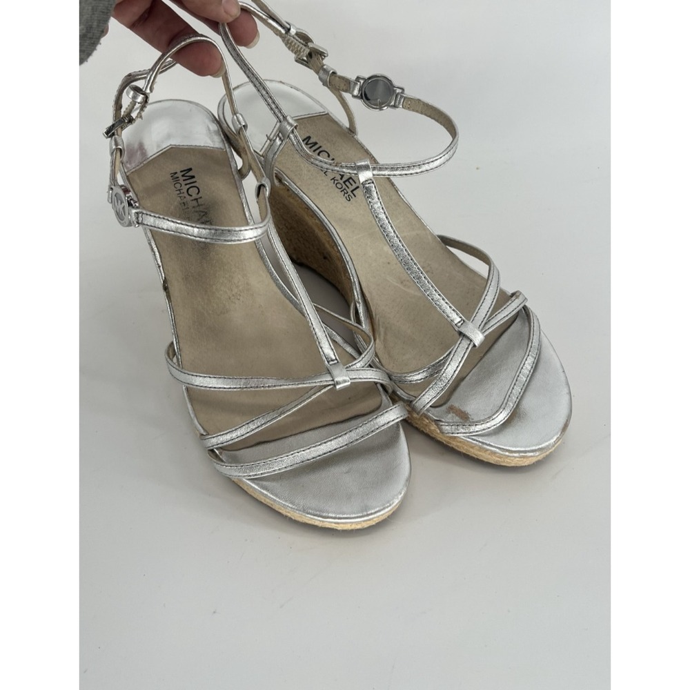 MICHAEL KORS KAMI T STRAP MK LOGO SILVER ESPADRILLE WEDGES -Size 9